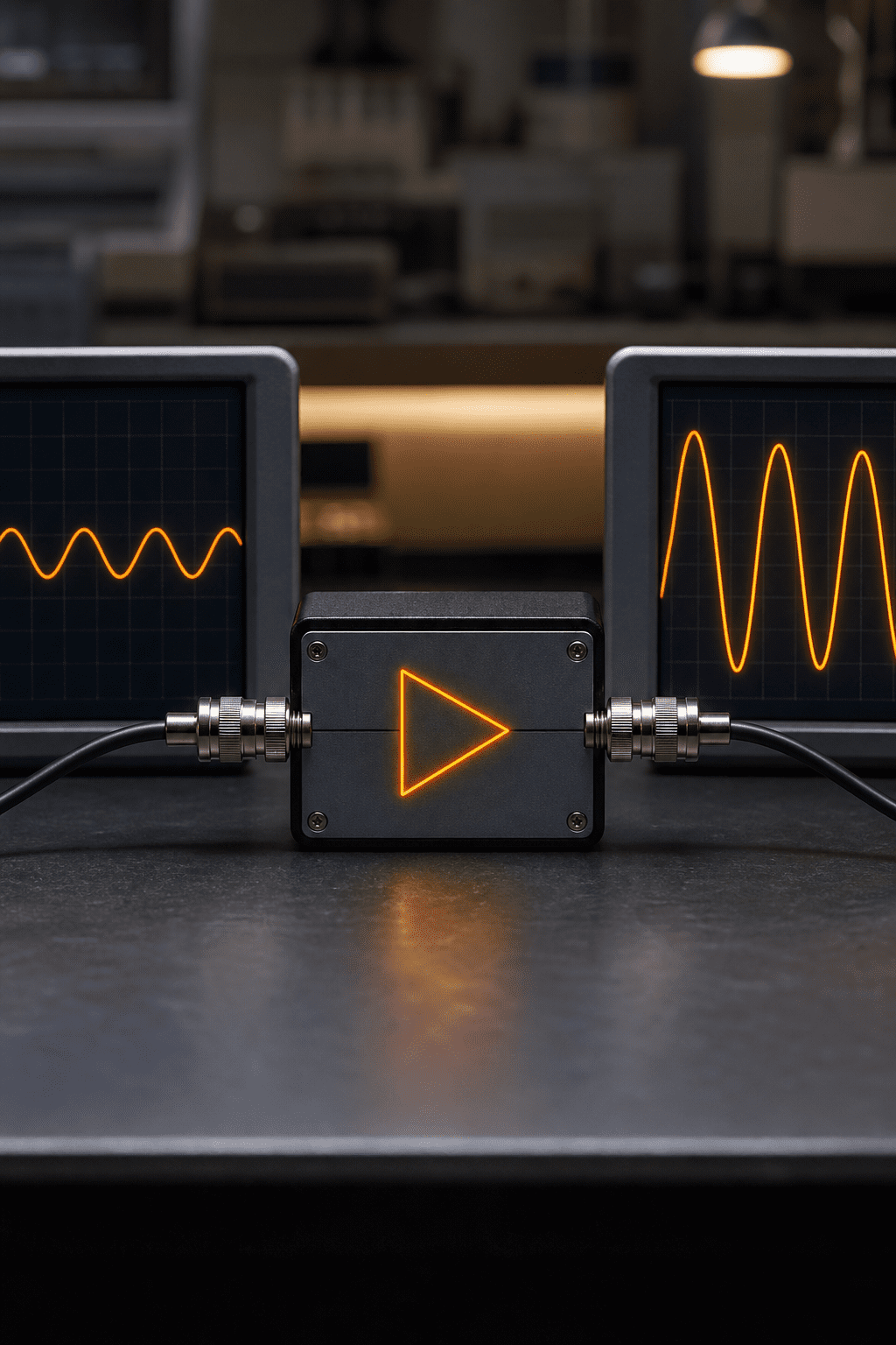 Two oscilloscopes connected by glowing signal box